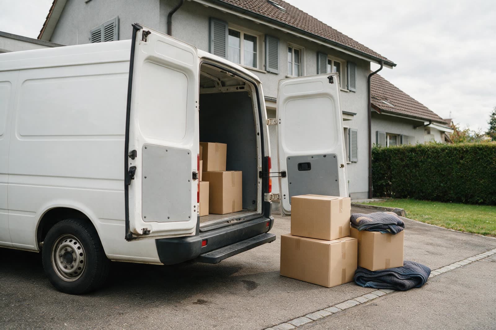 Lieferwagen mit offenen Hecktüren vor einem Einfamilienhaus, daneben gestapelte Umzugskartons