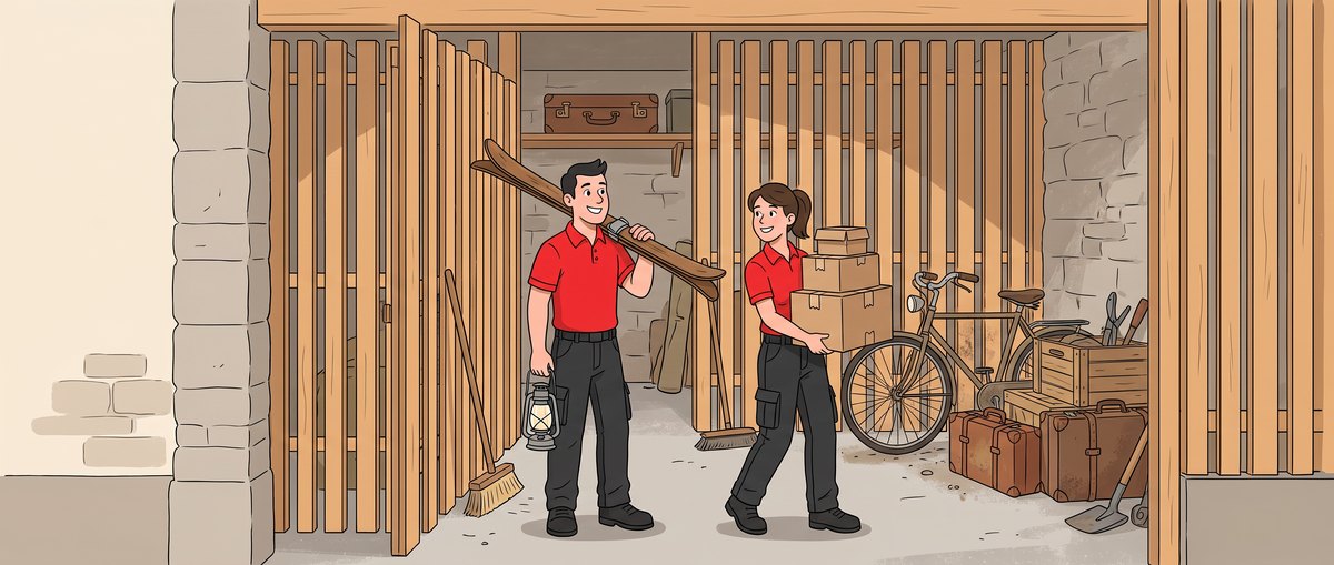 Illustration: Zwei Mitarbeitende im roten Poloshirt räumen ein Kellerabteil, er trägt Ski und eine Laterne, sie einen Stapel Kartons