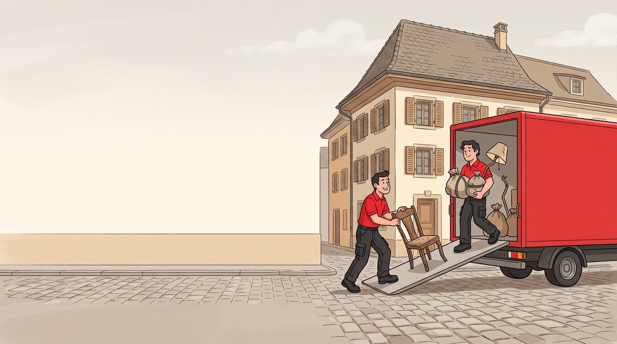 Illustration: Zwei Mitarbeitende laden einen Stuhl und Säcke über die Rampe in den roten Lieferwagen