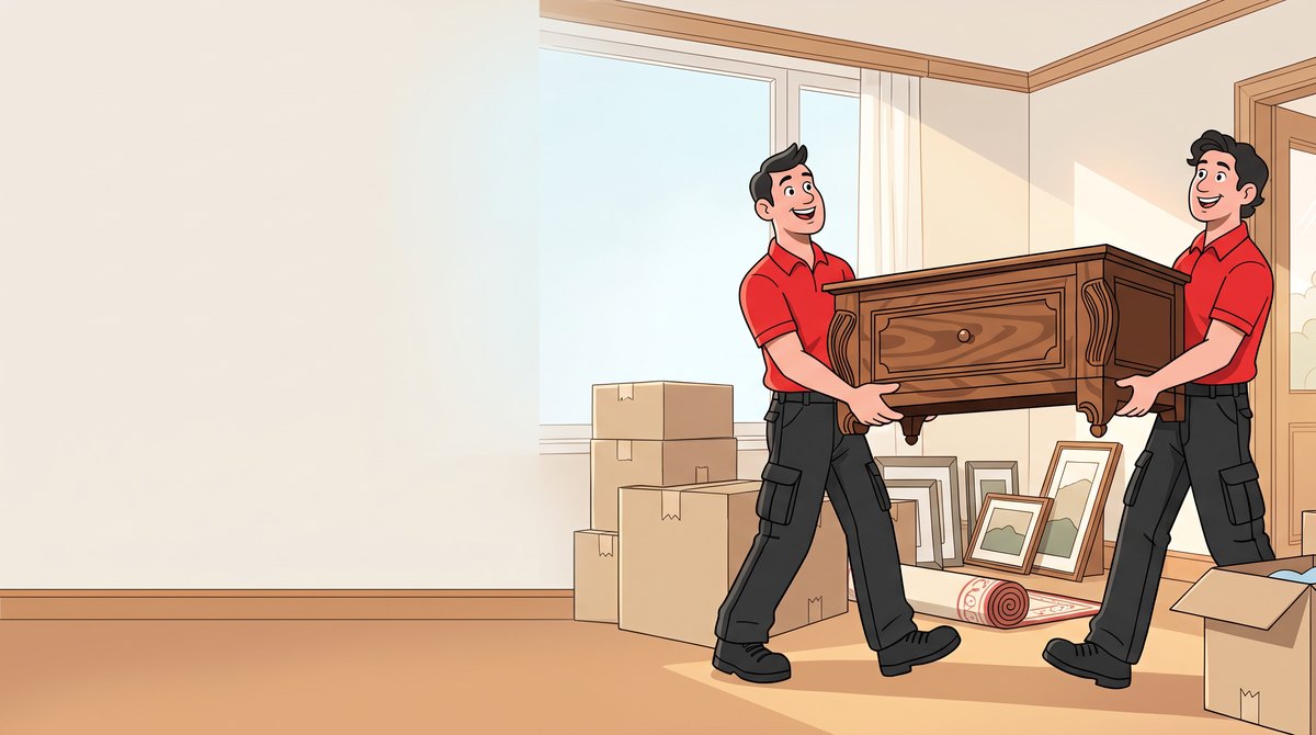 Illustration: Zwei Mitarbeitende tragen eine Kommode durch ein Wohnzimmer voller Umzugskartons