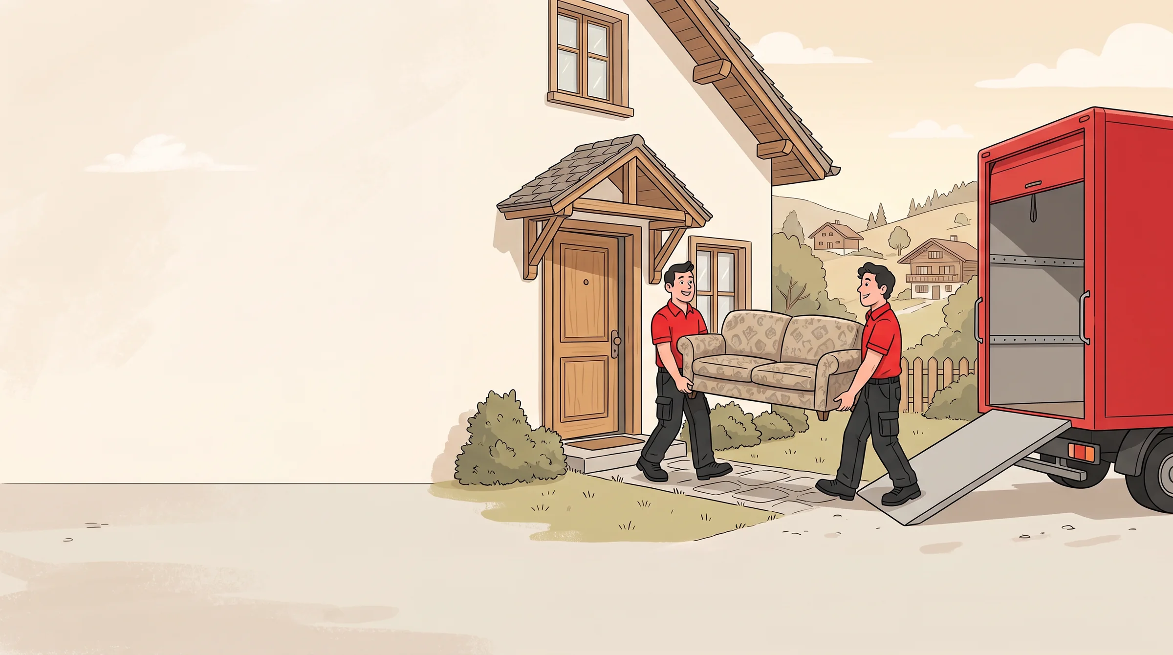 Zwei Mitarbeitende von ZL tragen ein Sofa aus einem Einfamilienhaus zum Lieferwagen.