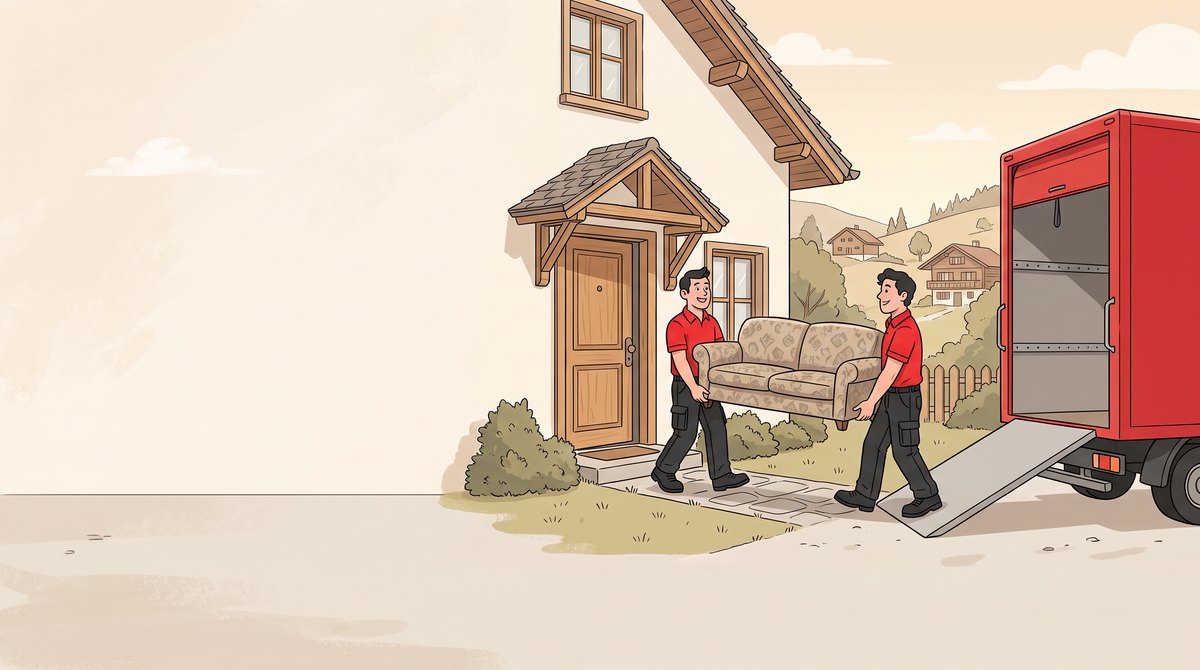 Illustration: Zwei Mitarbeitende tragen ein altes Sofa aus einem Einfamilienhaus zum roten Lieferwagen