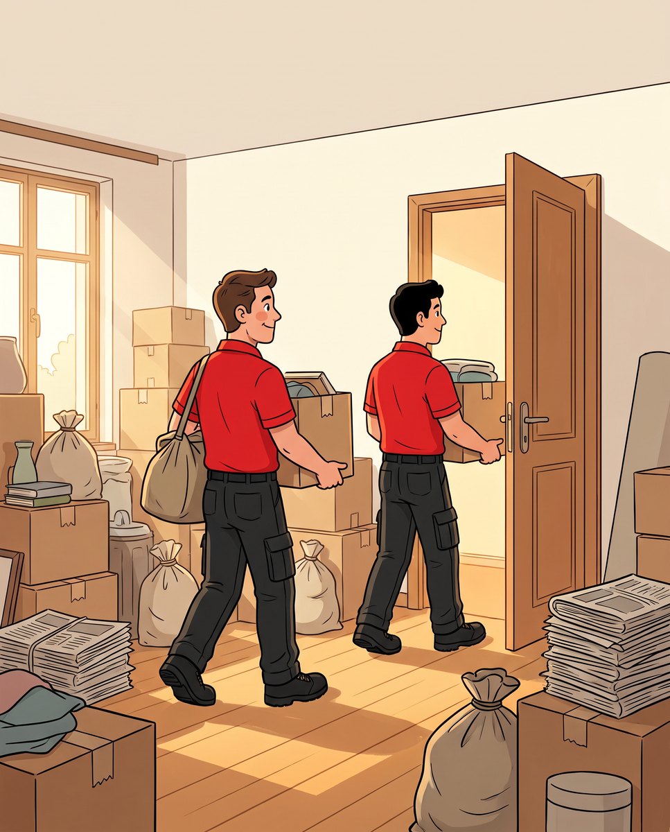 Illustration: Zwei Mitarbeitende tragen Taschen und Kartons aus einer vollgestellten Wohnung, ein Weg durch den Raum ist schon frei