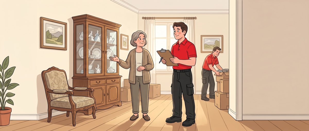 Illustration: Ein Mitarbeiter mit Klemmbrett bespricht mit einer älteren Frau die Möbel der Wohnung, im Hintergrund packt ein Kollege Kartons
