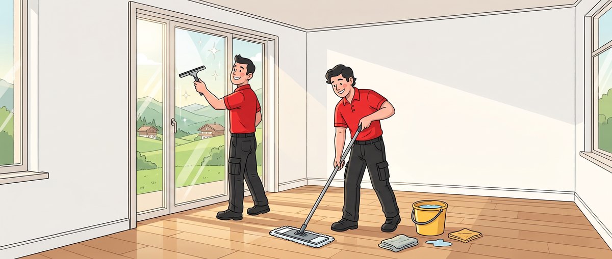 Illustration: Zwei Mitarbeitende reinigen die leere Wohnung nach dem Auszug, einer putzt das Fenster, der andere wischt den Parkettboden