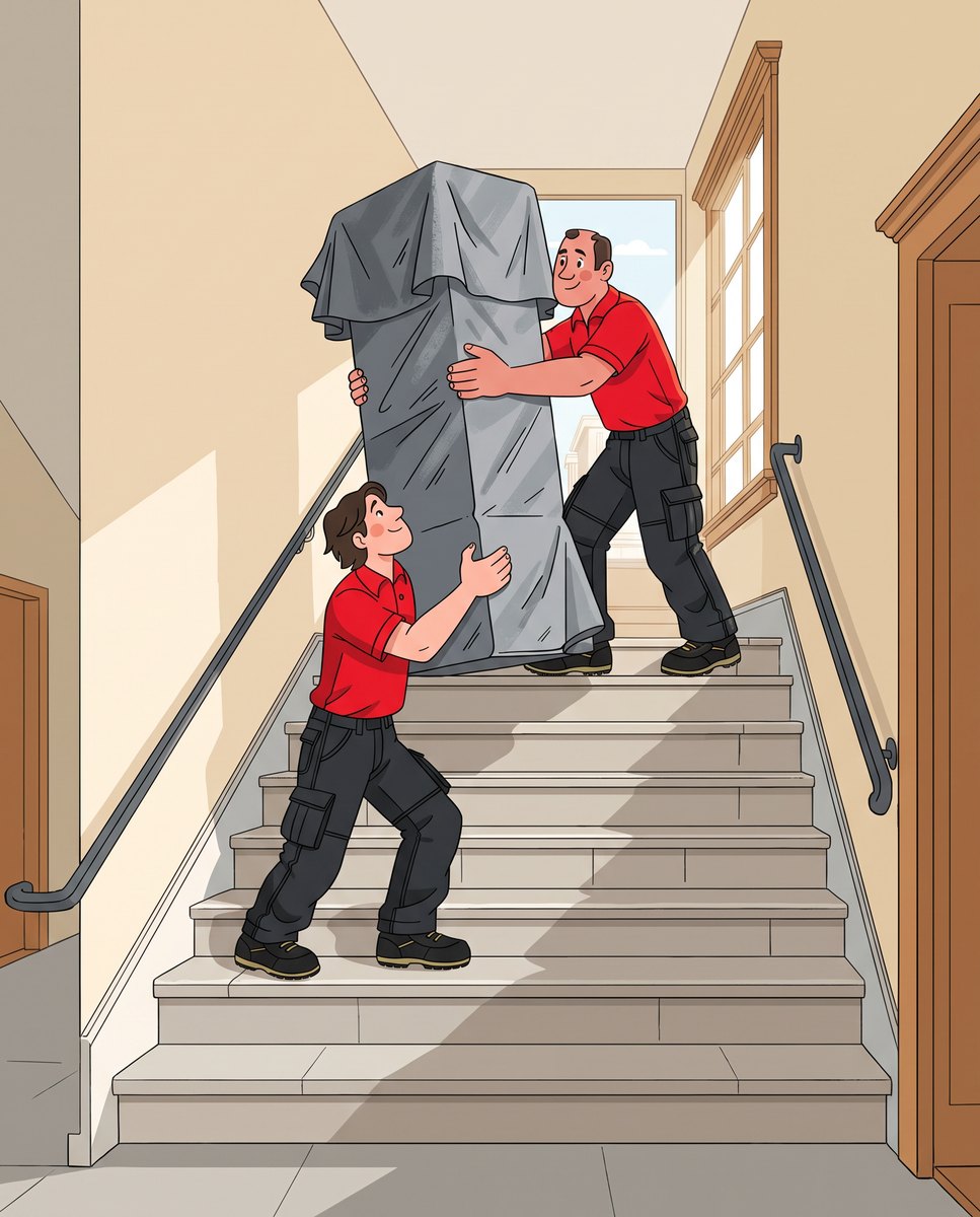 Illustration: Zwei Mitarbeitende tragen einen eingepackten Schrank durch das Treppenhaus