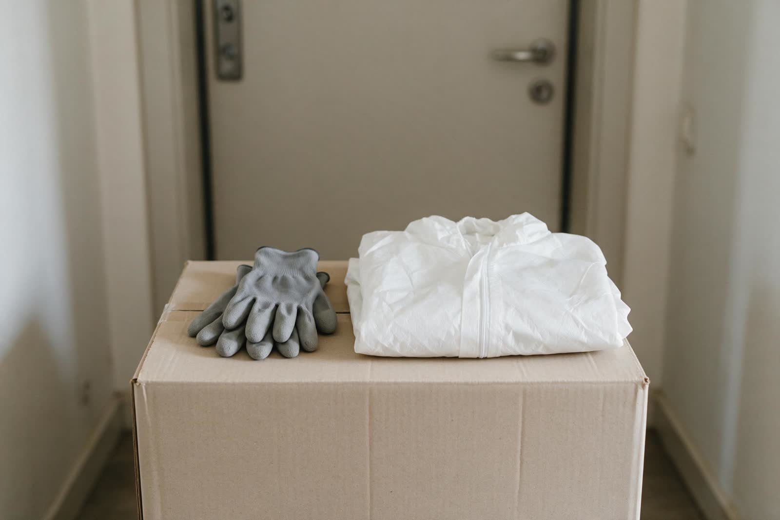 Arbeitshandschuhe und Schutzanzug auf einem Karton vor einer geschlossenen Wohnungstür