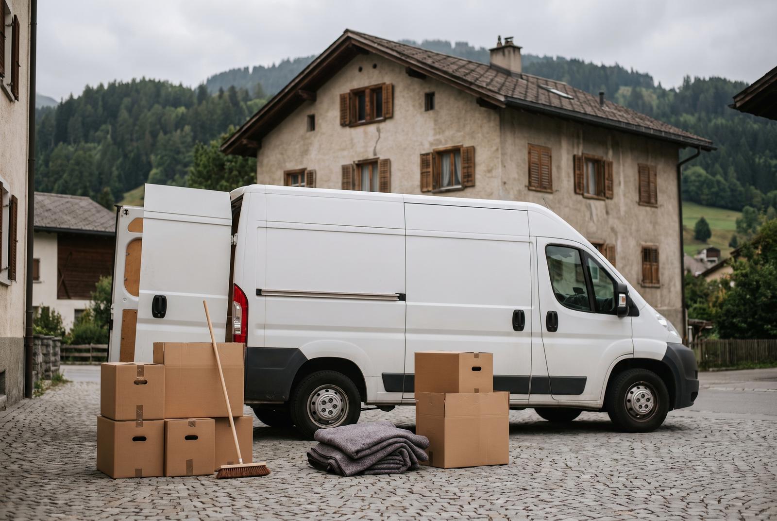 Räumung in Adliswil — Transporter und Kartons vor einem Wohnhaus im Sihltal