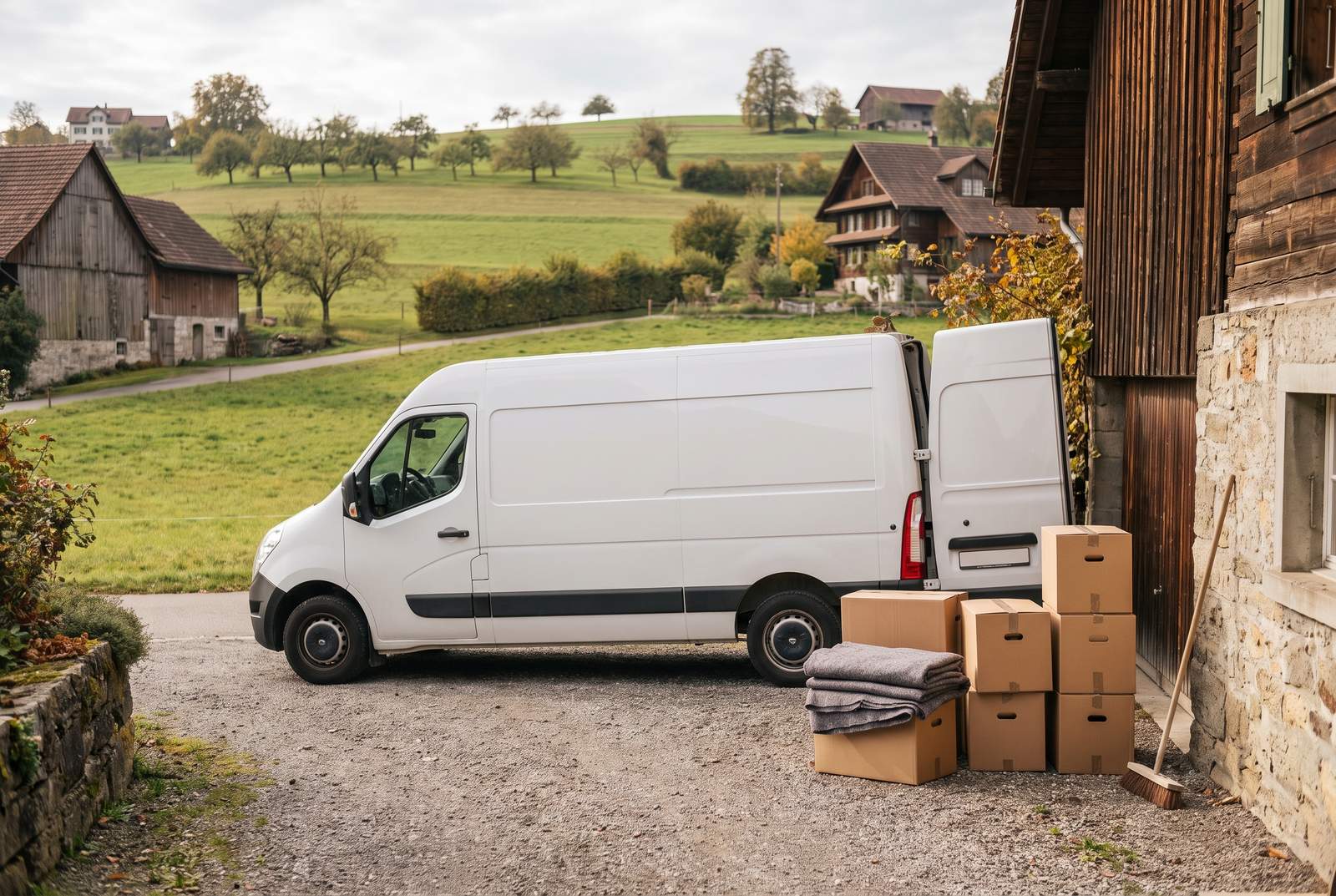 Räumung in Affoltern am Albis — Transporter und Kartons vor einem Bauernhaus im Knonaueramt