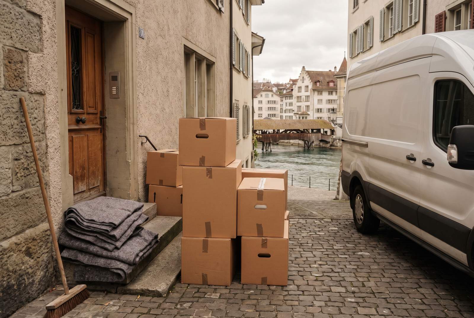 Räumung in Baden — Kartons in einer Altstadtgasse über der Limmat, dahinter die Holzbrücke