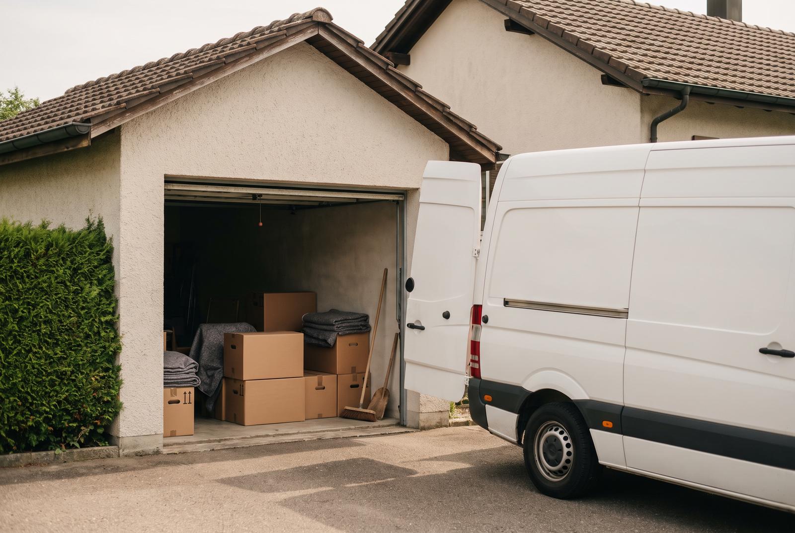Räumung in Bassersdorf — Transporter vor einer offenen Garage mit Kartons und Besen