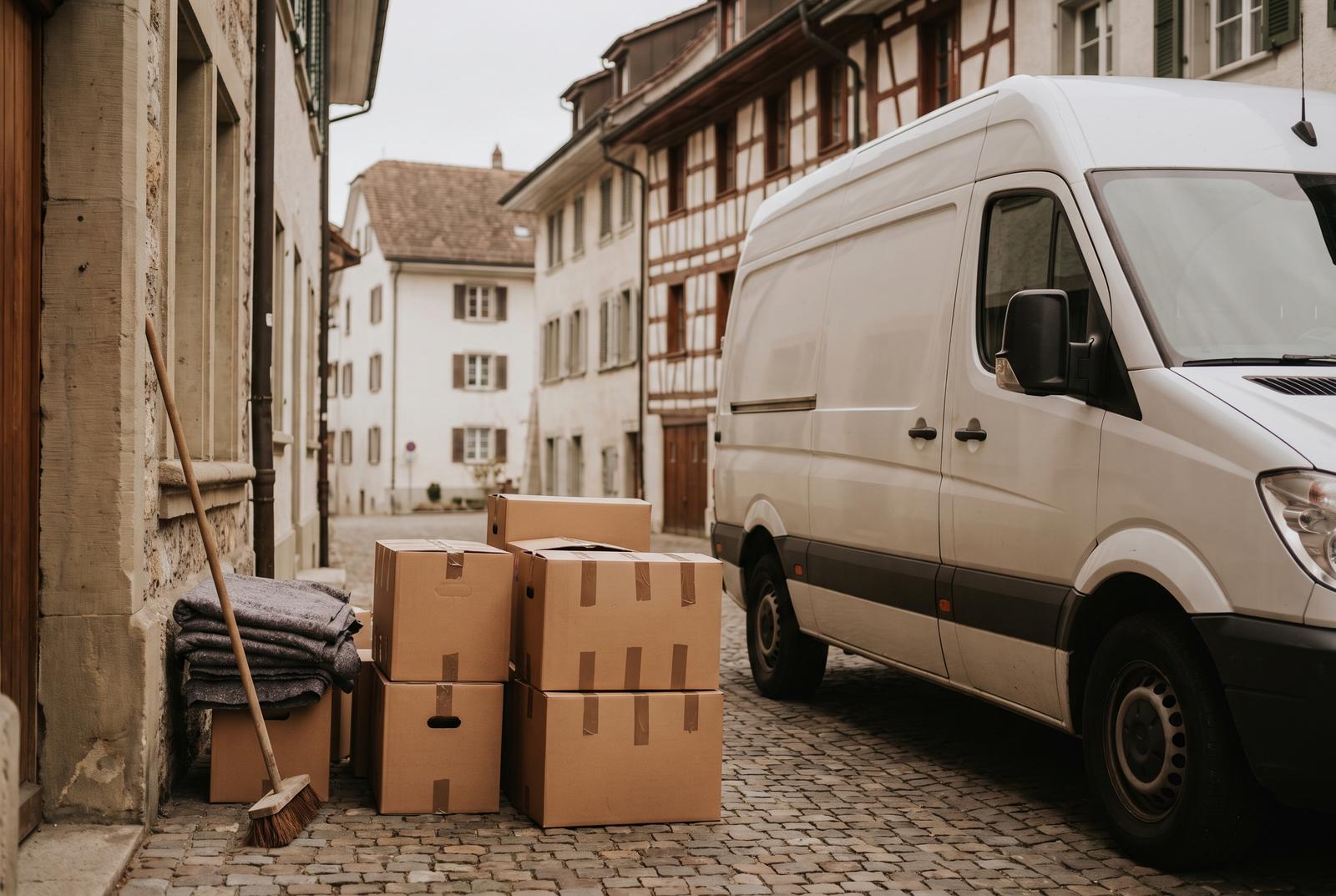 Räumung in Bülach — Transporter und Kartons in einer Altstadtgasse mit Riegelhäusern