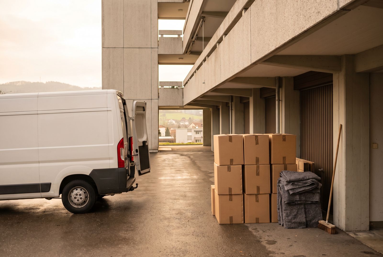 Räumung in Dübendorf — Transporter und gestapelte Kartons vor einem Wohnblock mit Laubengängen