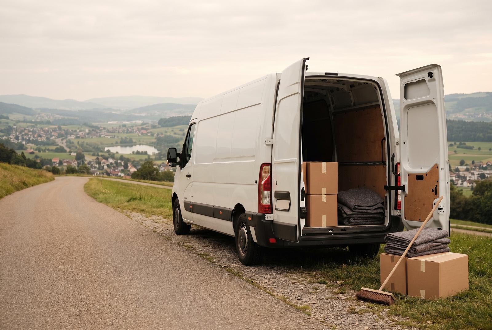 Räumung im Kanton Zürich und Umgebung, unser Einzugsgebiet — ein Transporter mit offenen Hecktüren auf einer Anhöhe über Dörfern und einem kleinen See
