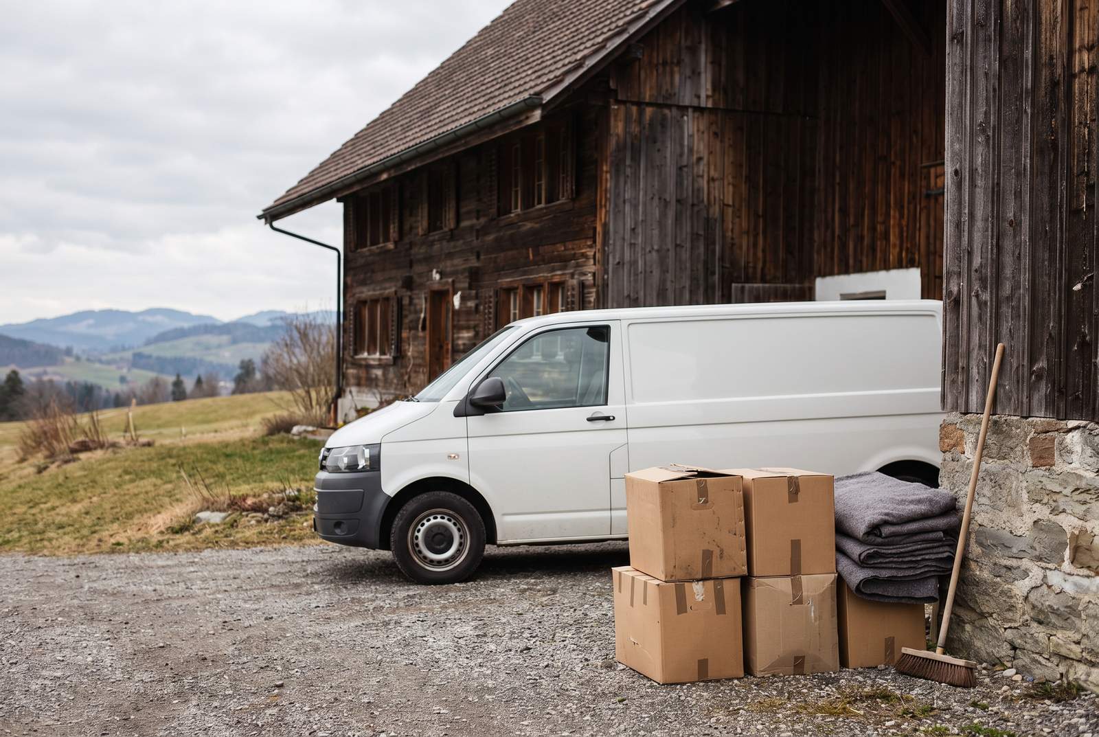 Räumung in Hinwil — Transporter und Kartons vor einem dunklen Flarzhaus aus Holz, dahinter Wiesen und Hügel