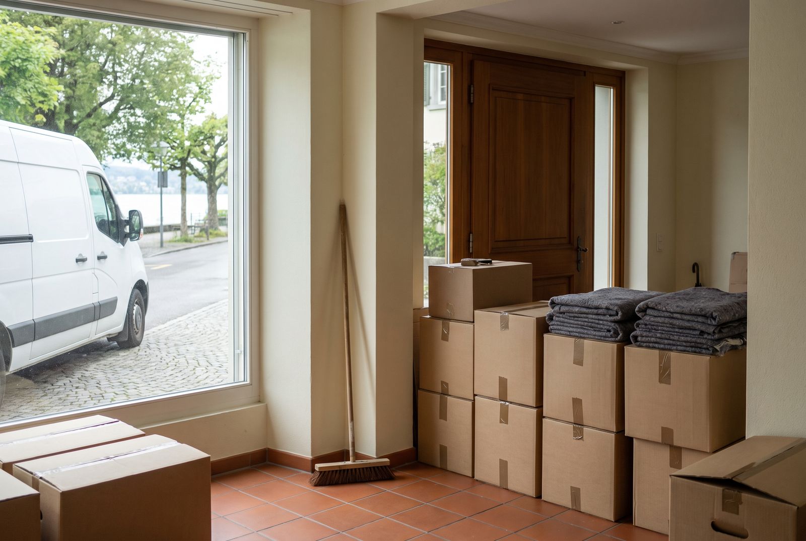 Räumung in Horgen — Kartons und Umzugsdecken in der Eingangshalle eines Hauses am See