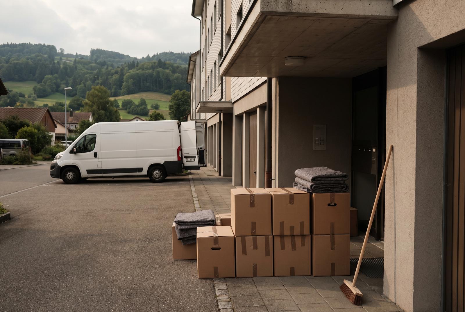 Räumung in Illnau-Effretikon — Kartons vor dem Eingang eines Wohnhauses, dahinter bewaldete Hügel