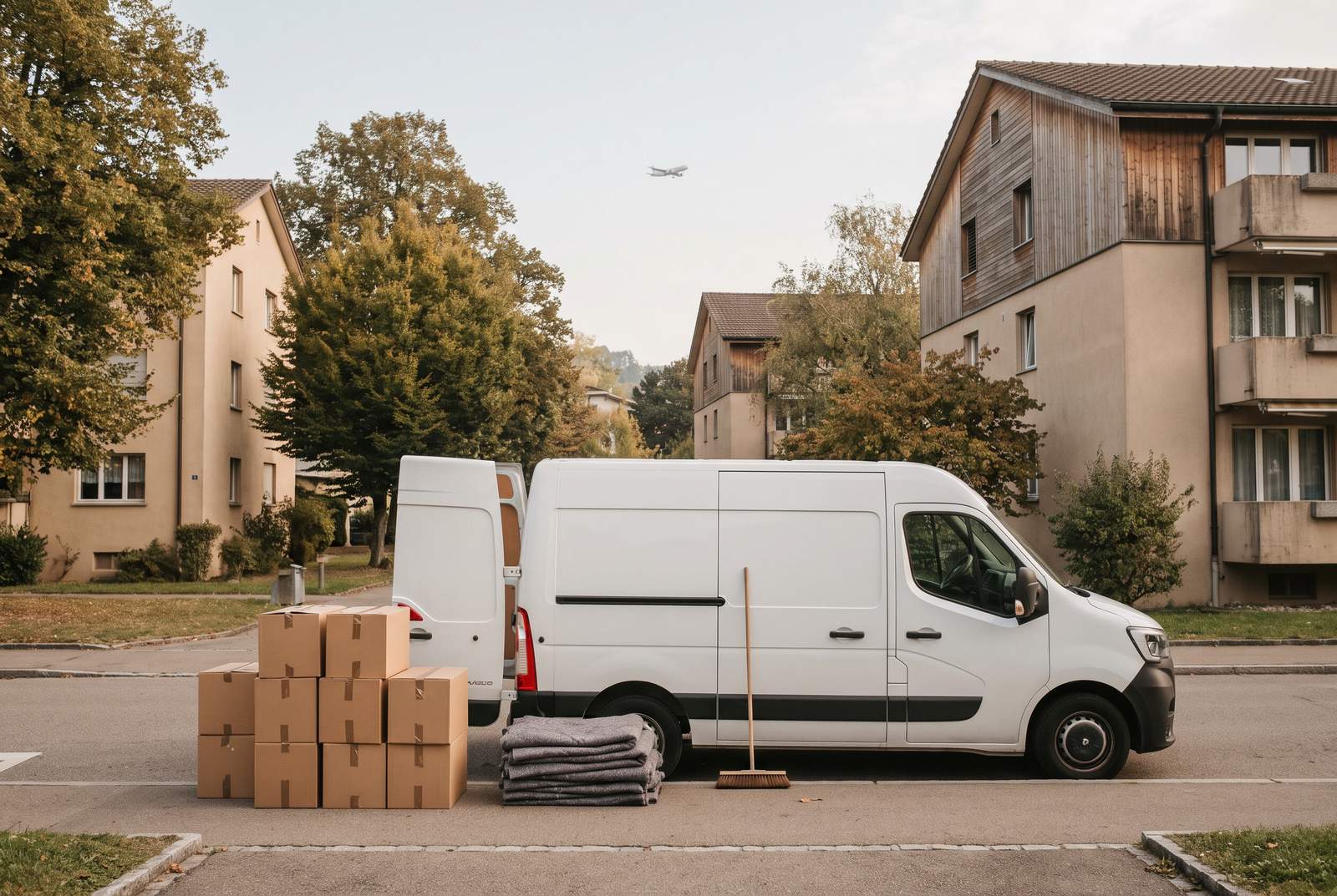 Räumung in Kloten — Transporter und Kartons vor einem Wohnhaus, am Himmel ein landendes Flugzeug