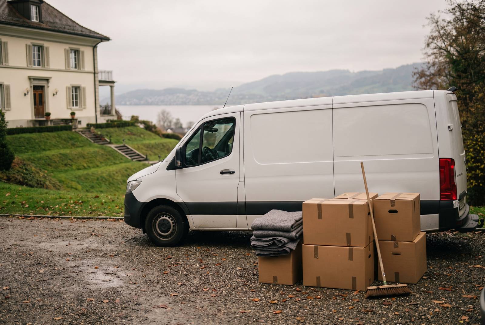 Räumung in Küsnacht — Transporter und Kartons vor einer Villa am Hang über dem Zürichsee