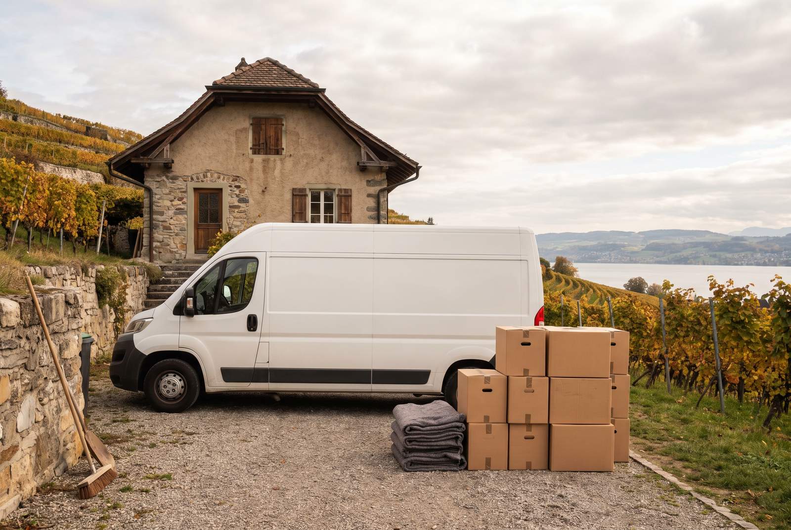 Räumung in Meilen — Transporter und Kartons vor einem Winzerhaus in den Reben über dem Zürichsee