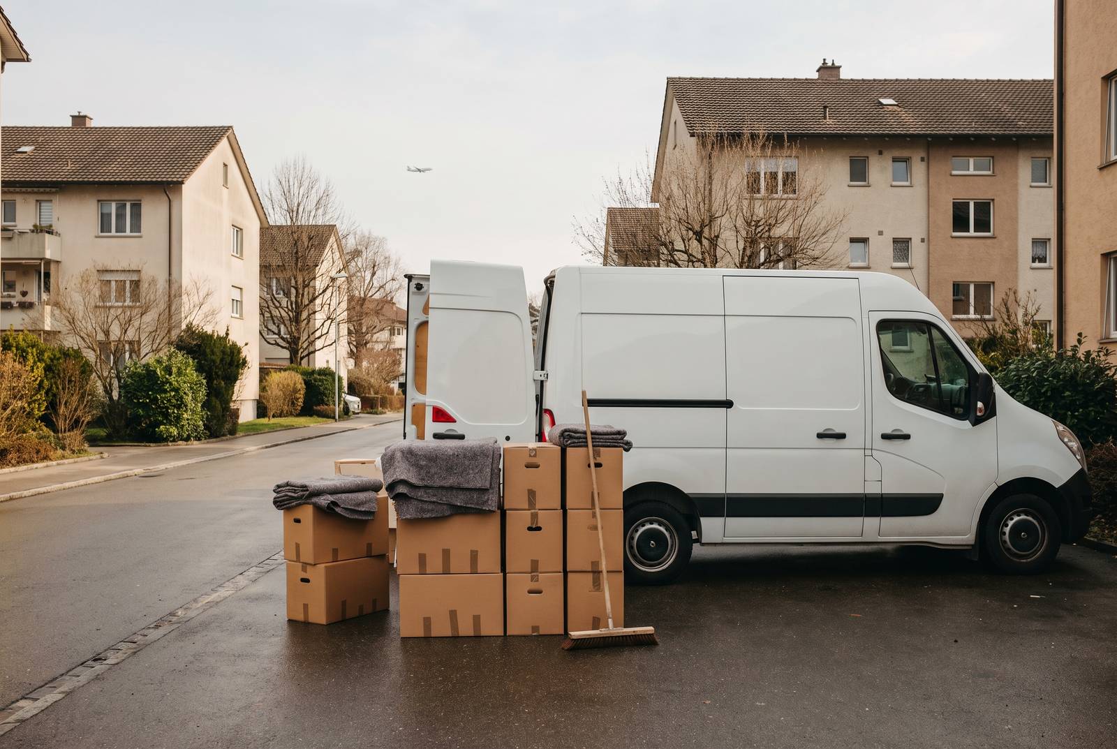 Räumung in Opfikon — Transporter und Kartons in einer Wohnstrasse, am Himmel ein Flugzeug