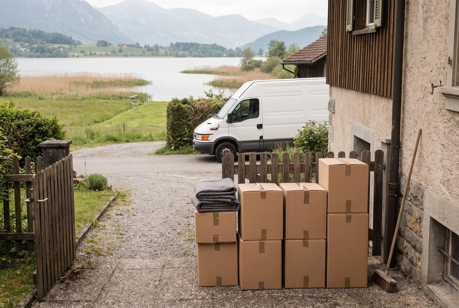 Räumung in Pfäffikon ZH — Kartons beim Gartentor eines Hauses nahe dem Seeufer mit Schilf