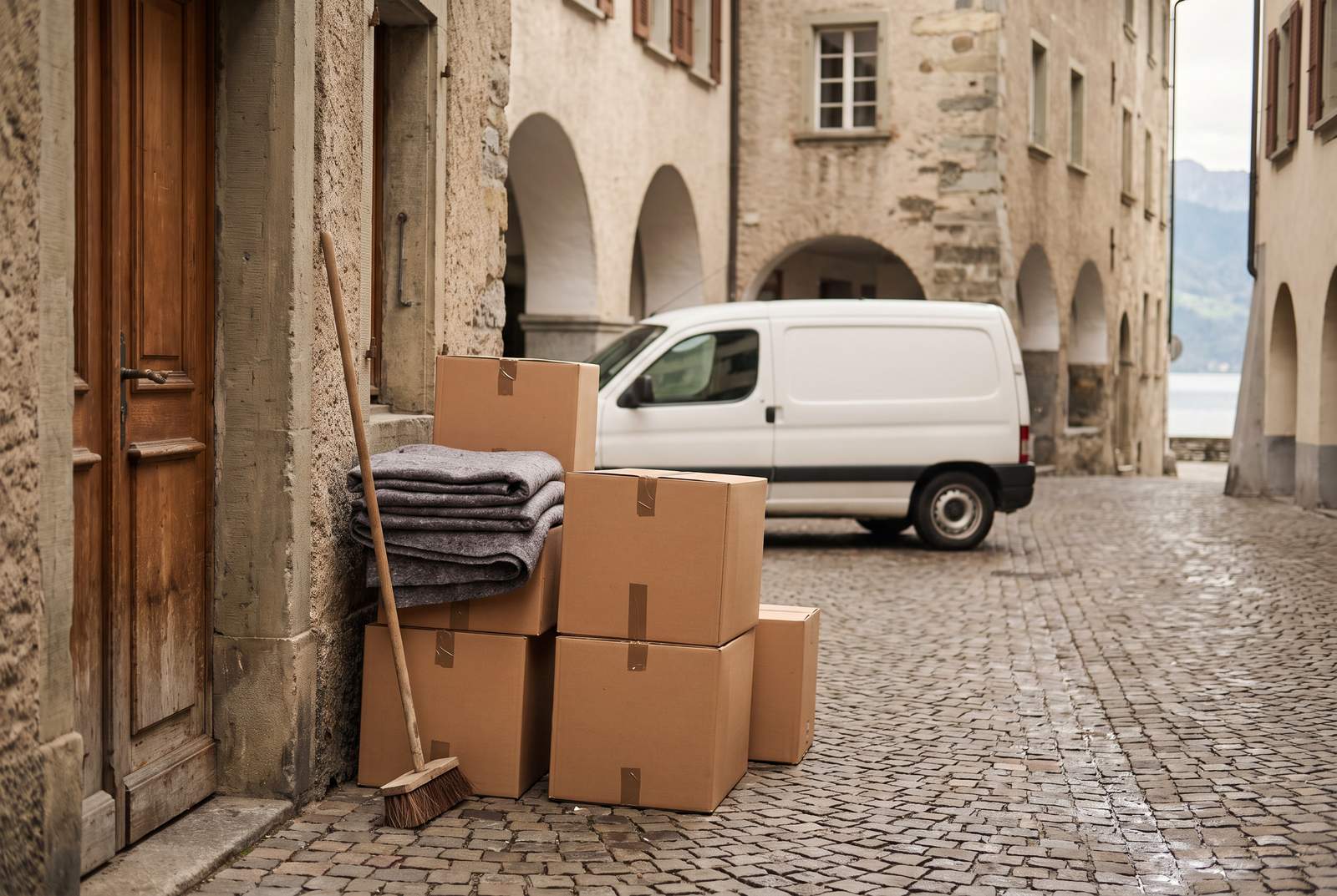 Räumung in Rapperswil-Jona — Kartons und Transporter in einer Altstadtgasse mit Arkaden