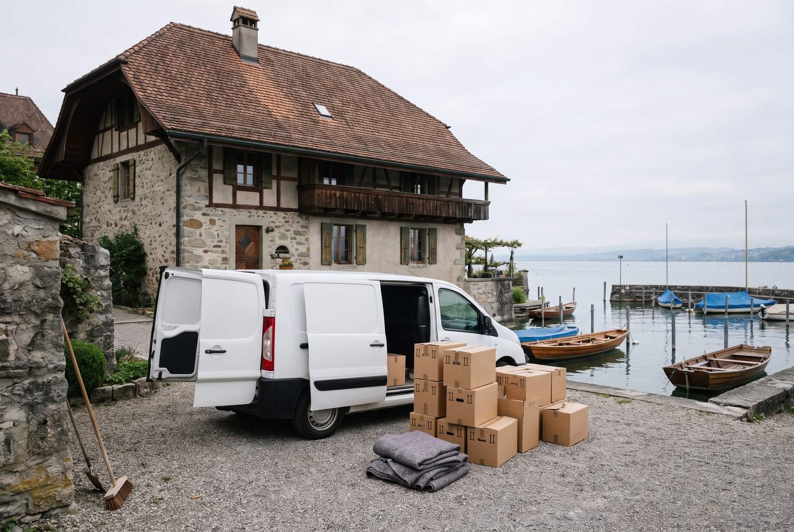 Räumung in Richterswil — Transporter und Kartons vor einem alten Haus beim Hafen