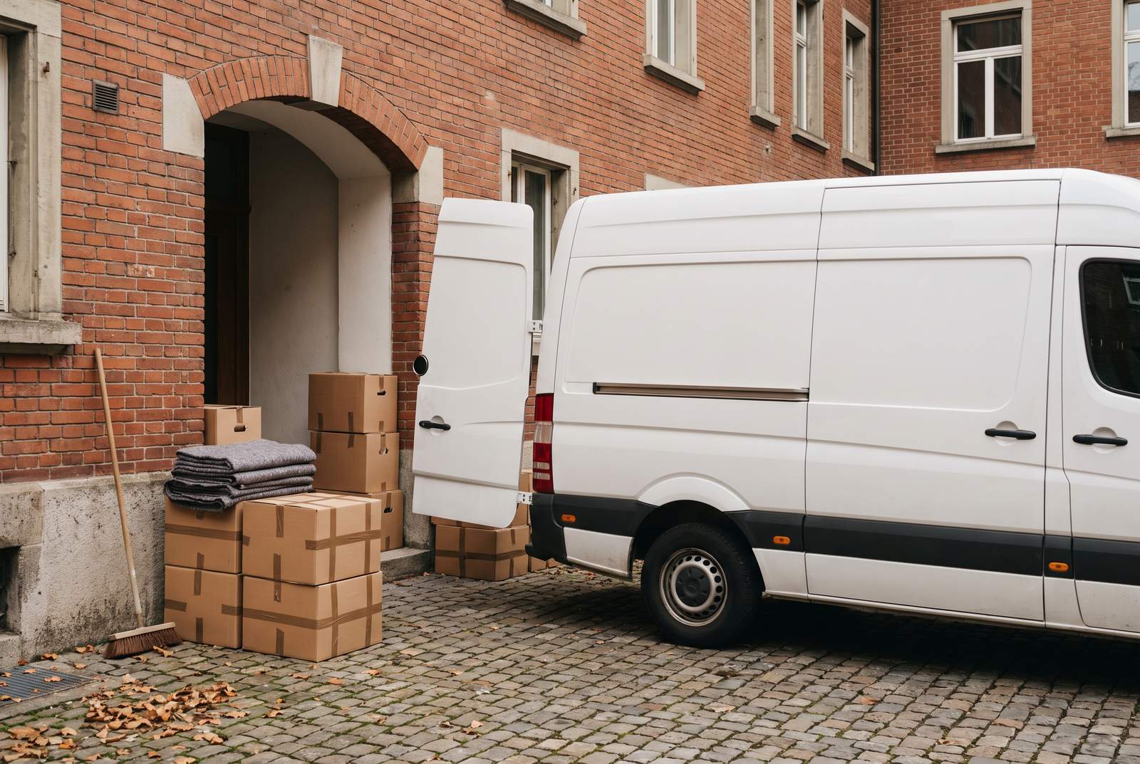 Räumung in Rüti ZH — Transporter und Kartons vor einem Backsteinbau mit Rundbogentor