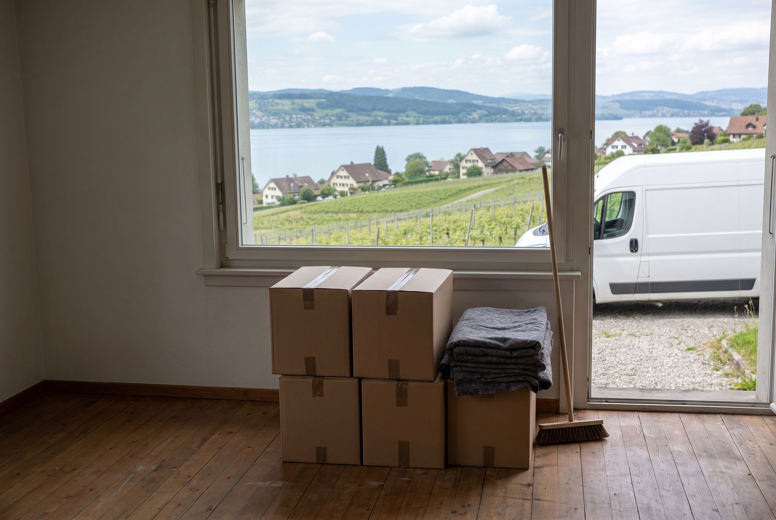Räumung in Stäfa — Leeres Zimmer mit Kartons, durch das Fenster der Blick über die Reben zum Zürichsee