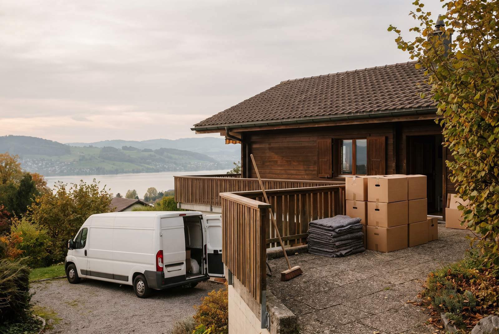 Räumung in Thalwil — Transporter und Kartons vor einem Haus am Hang über dem Zürichsee
