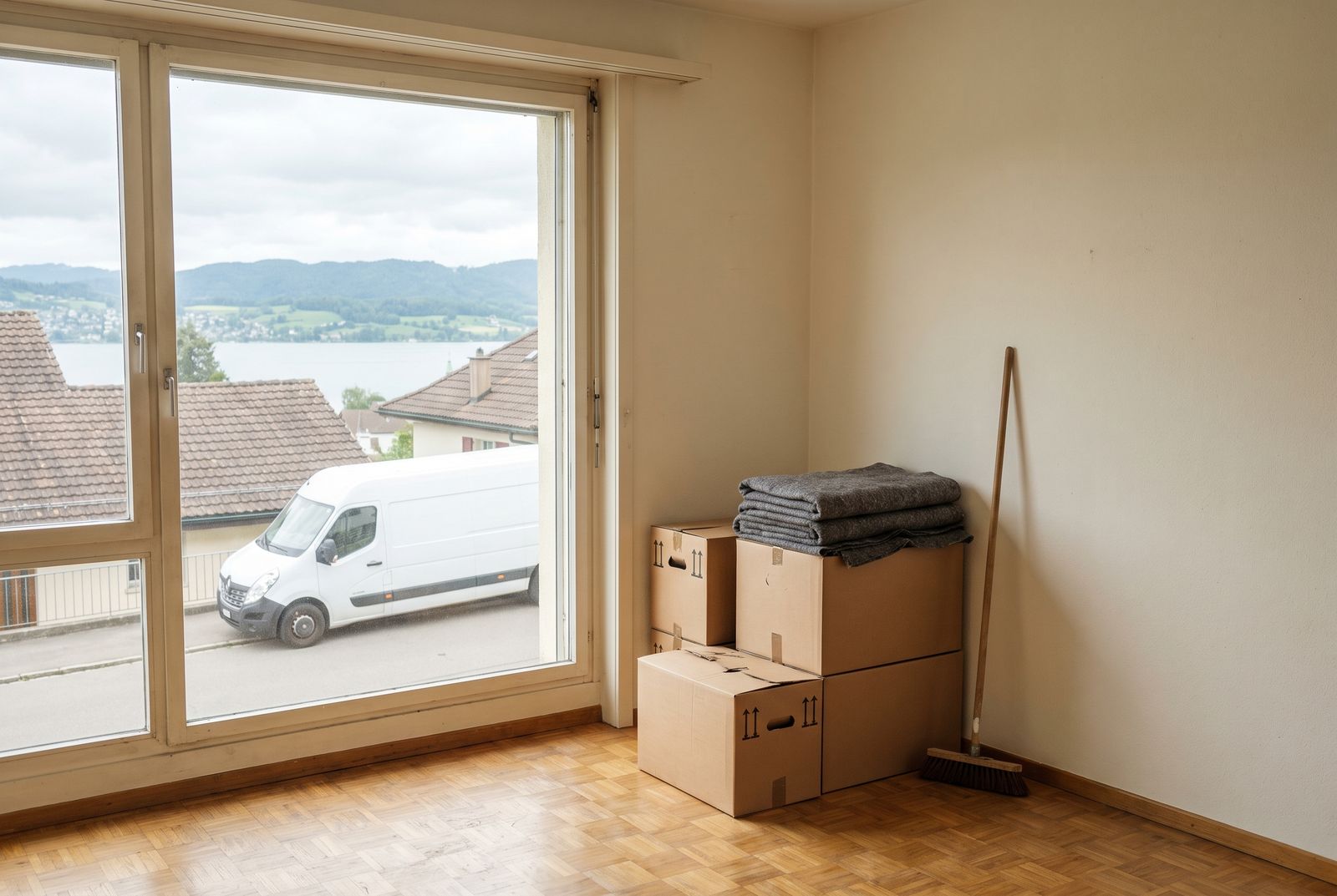 Räumung in Uster — Leere Wohnung mit Kartons und Besen, durch das Fenster der Blick über die Dächer zum See