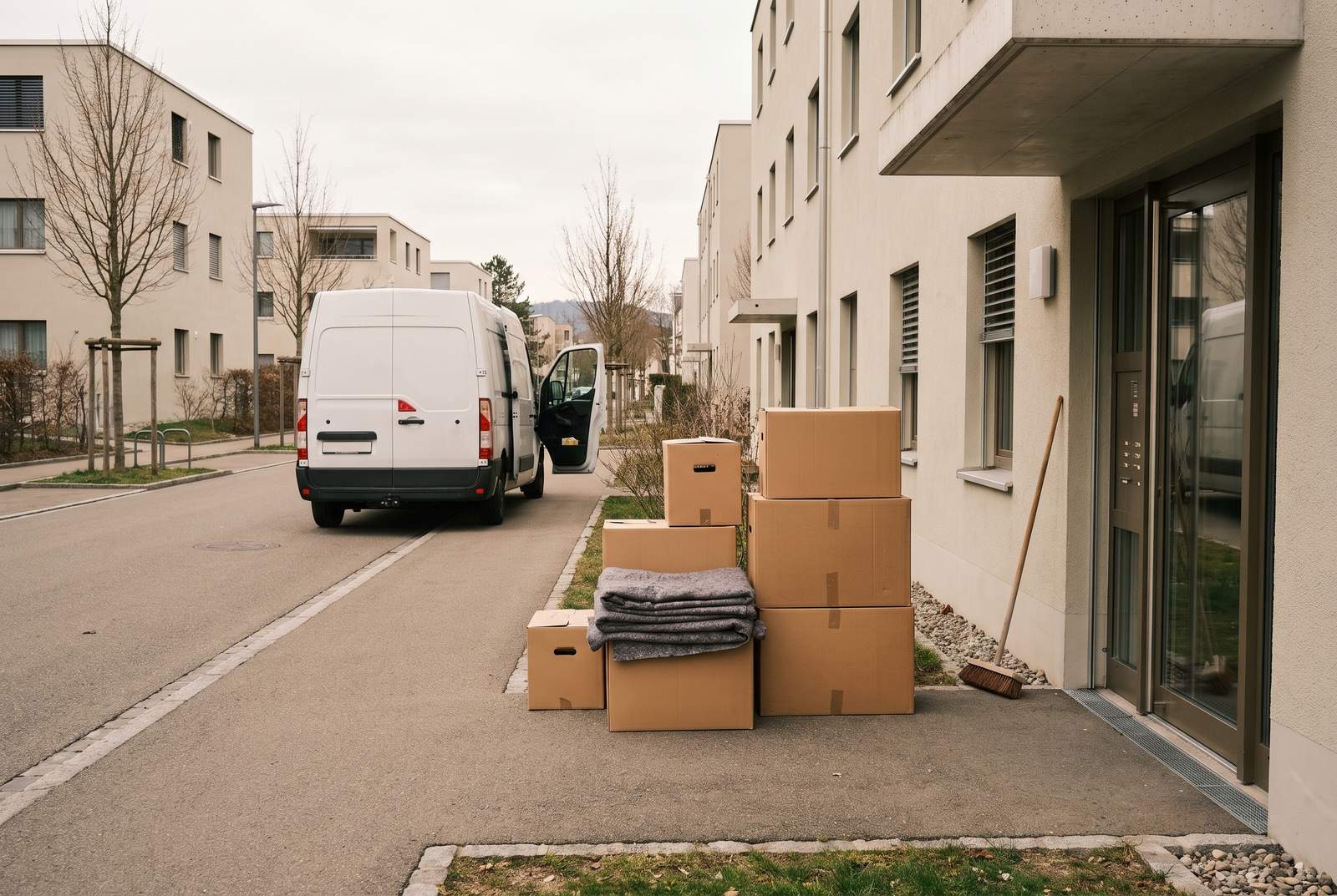 Räumung in Wallisellen — Kartons und Umzugsdecken vor dem Eingang eines Neubaus