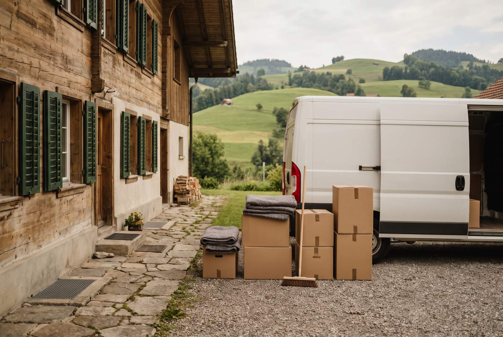 Räumung in Wetzikon — Transporter und Kartons vor einem Oberländer Holzhaus mit grünen Läden