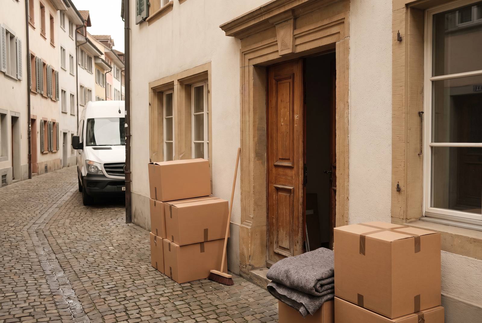 Räumung in Winterthur — Kartons und Umzugsdecke vor einer Altstadt-Haustür mit Sandsteingewände
