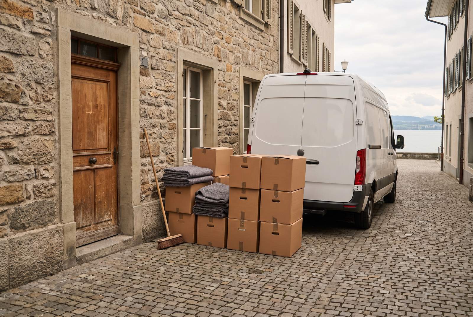 Räumung in Zug — Kartons und Transporter in einer Altstadtgasse mit Blick auf den Zugersee